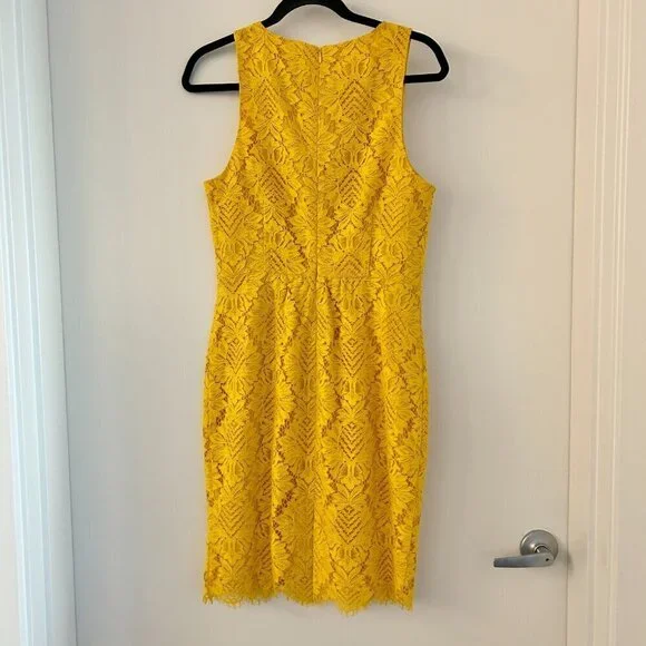 trina turk yellow lace dress $328 Trina Turk Womens Yellow Off-The-Shoulder Eyelet Sweet Sheath Dress  Size 14